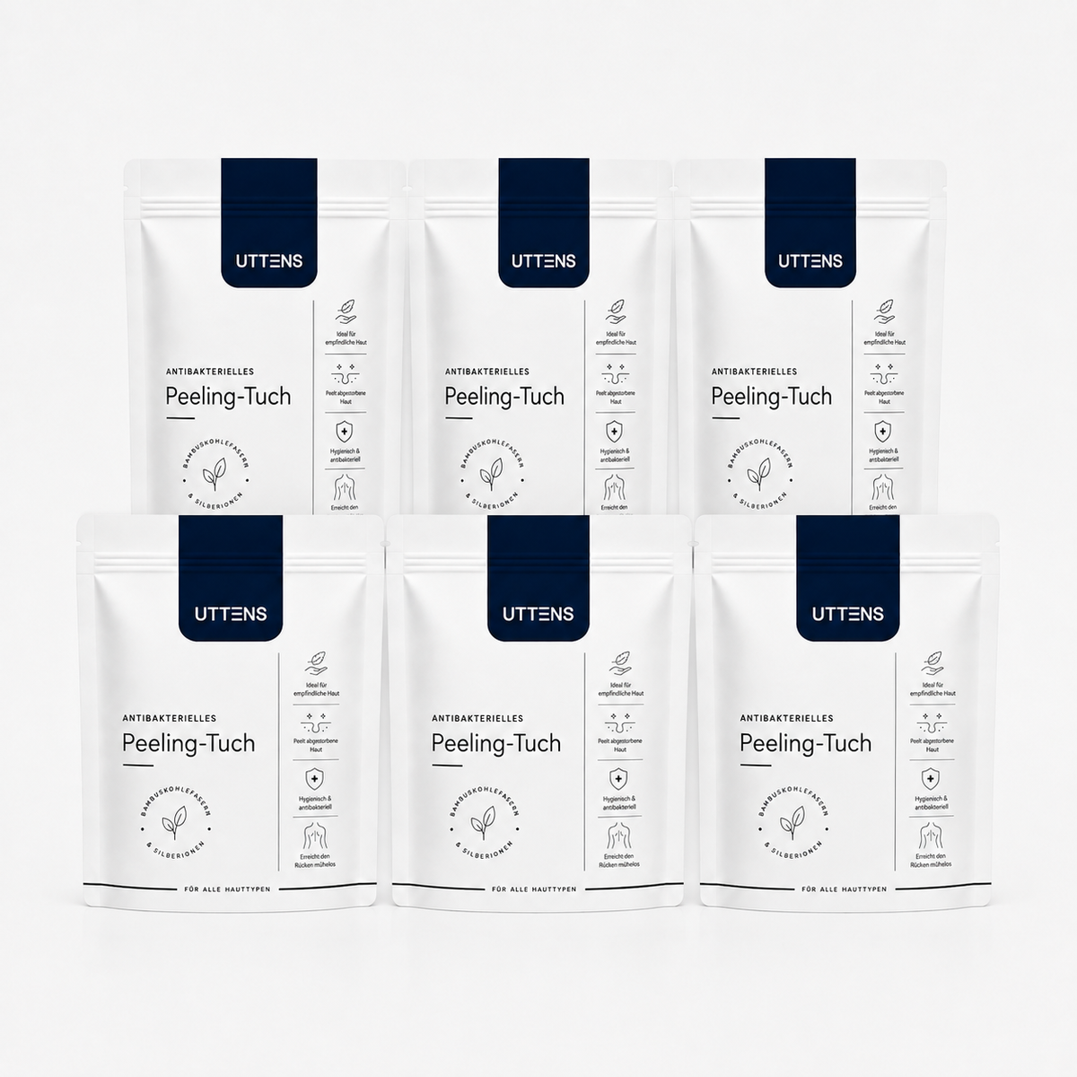 UTTENS antibakterielles Peelingtuch im 6er-Set – sechs einzeln verpackte Peelingtücher für die Körperreinigung und sanftes Peeling.